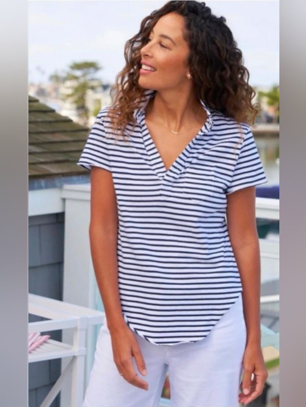 NWOT Frank & Eileen Charlotte Perfect White and Navy Stripe Polo